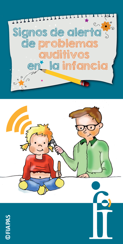 Portada del Folleto Signos de alerta de problemas auditivos en la infancia. Ilustración en la que un otorrino examina el oído de una niña con un otoscopio