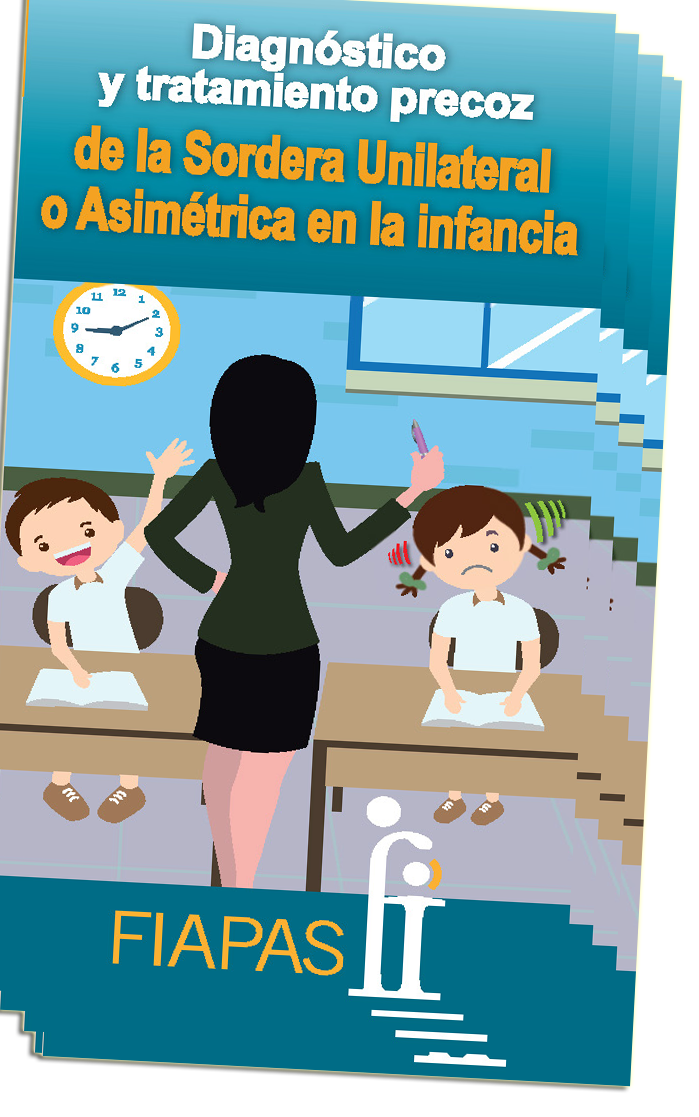 Imagen de la portada del Folleto CODEPEH 2017 en el que se ve a una profesora de espaladas en un aula en el que hay dos niños, uno de ellos oye bien y el otro no oye por uno de los oidos.