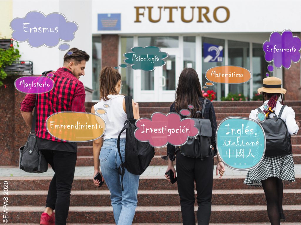 Un chico y tres chicas de espaldas suben las escaleras hacia un edificio en el que está escrita la palabra "futuro" mientas piensan en diferentes carreras universitarias.